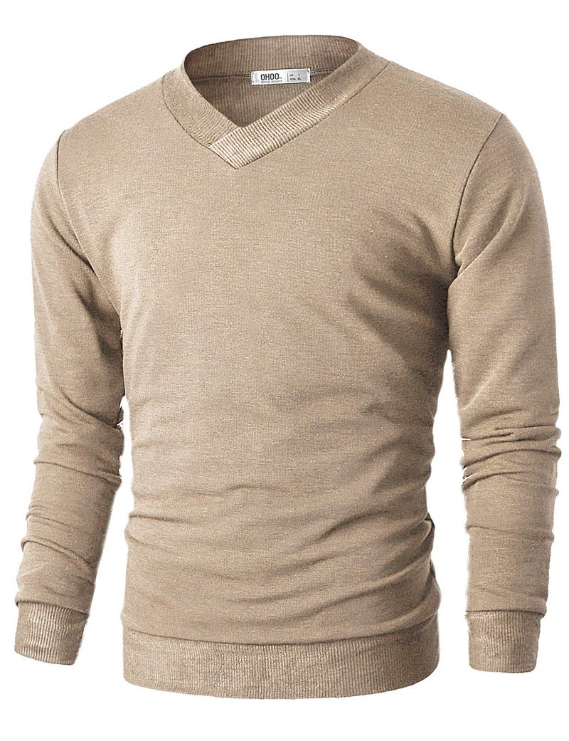 Ohoo Mens Slim Fit V Neck Pullover Sweater Lightweight Long Sleeve Casual Business Dress Sweater/DCP115-BEIGE-M - Image 1